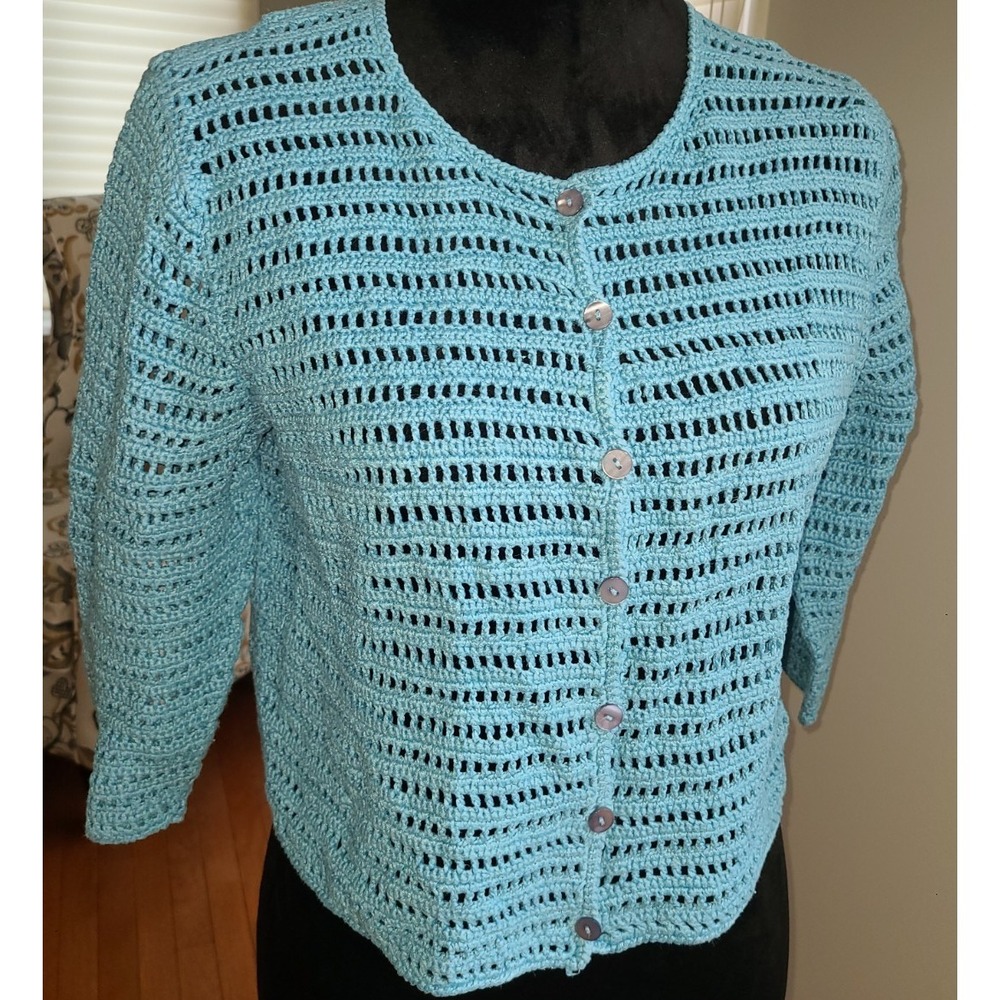 Norton McNaughton Womens Small Aqua Blue Crochet Knit Cardigan Sweater